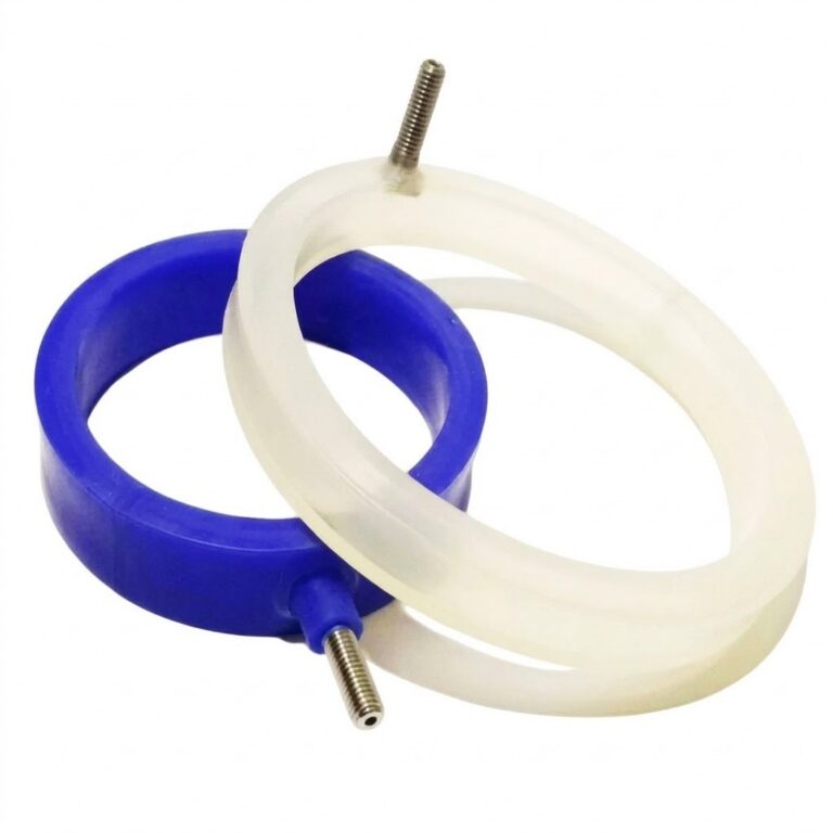 Blue and translucent circular inflatable seals with air connectors — Powder Transfer Valve Inflatable Seal; Industrial Enclosure Inflatable Seal