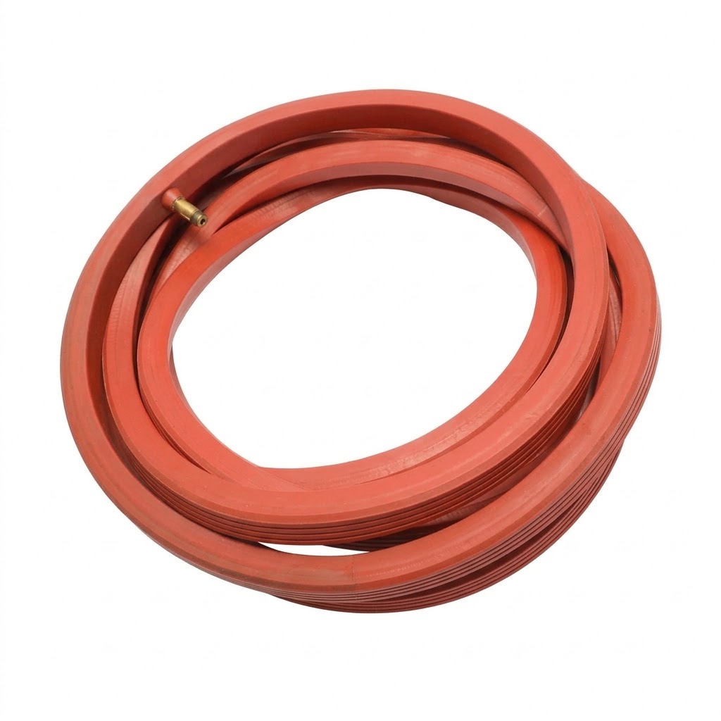 Stacked red circular inflatable seals with metal air connector — Smokehouse Door Inflatable Seal; Powder Transfer Valve Inflatable Seal; Fluid Bed Dryer Inflatable Seal