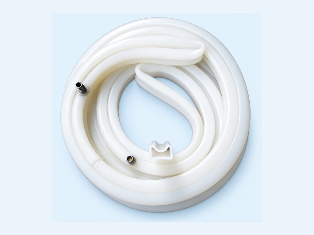 Coiled white sealing profile with metal fittings — Cold Chain Storage Door Inflatable Seal