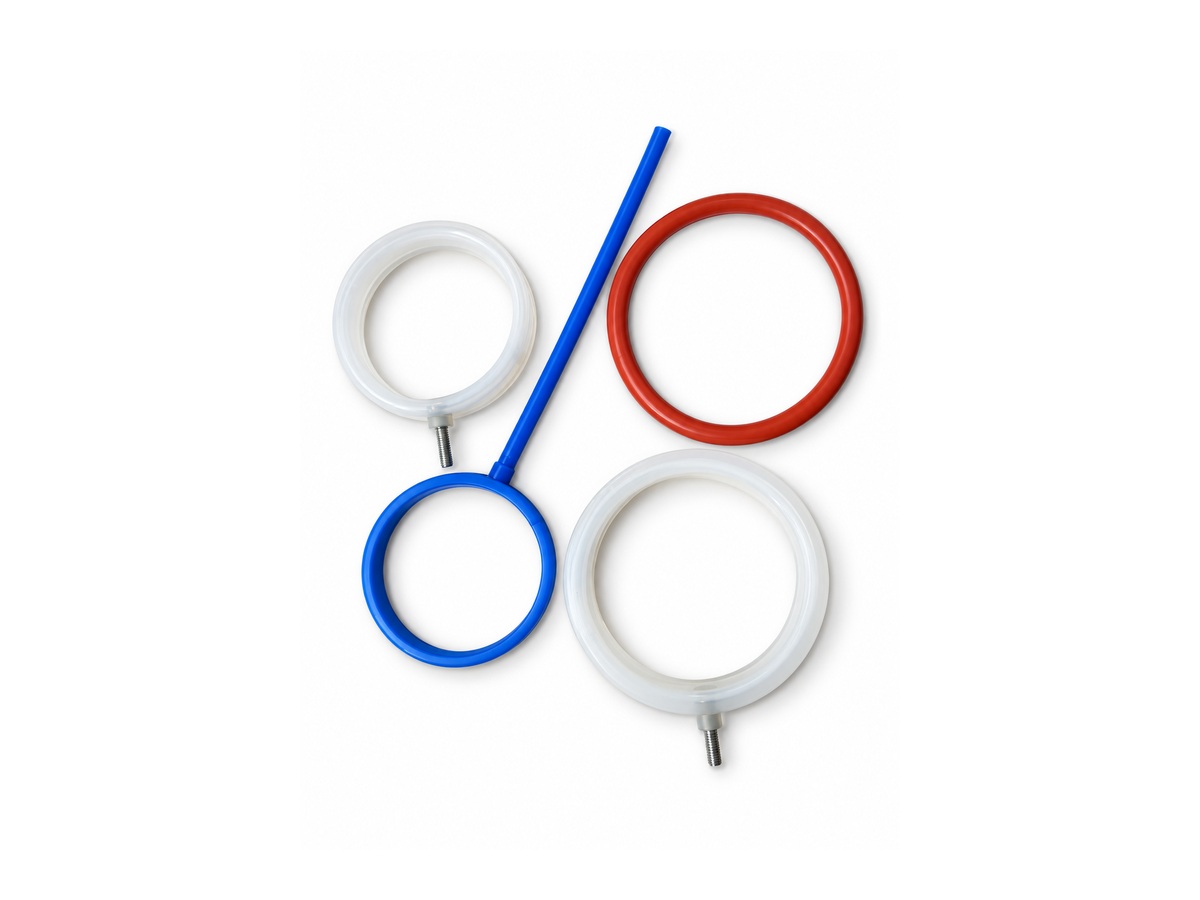 Four circular red, blue, and translucent seal components, some with tubes or metal fittings — Non-Implant Andrology Device Inflatable Seal
